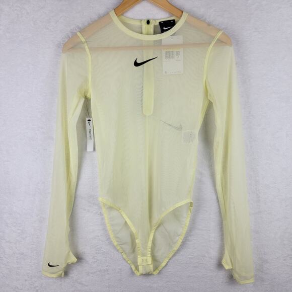 Nike Swoosh Small Bodysuit Sheer Yellow Long Sleeve Thumb Holes Activewear New - Picture 1 of 15